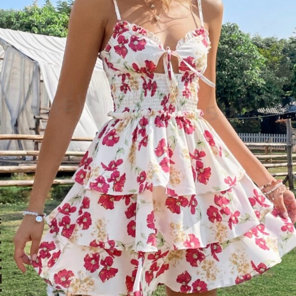 Floral print shirred tie front layered hem dress